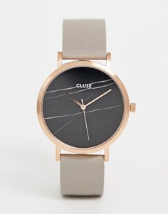 Часы с кожаным ремешком и мраморным принтом на черном циферблате CLUSE La Roche - Серый