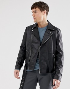 Кожаная байкерская куртка на молнии с поясом Barneys Originals - Черный