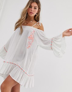 Пляжное платье из жатой ткани с дизайном на одно плечо, элементами с зеркальным эффектом и вышивкой неоновой расцветки South Beach - Белый