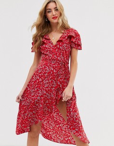 Красное платье миди с запахом и мелким цветочным принтом Boohoo - Мульти