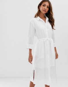 Белое платье-рубашка миди с поясом и разрезами по бокам Esprit - Белый