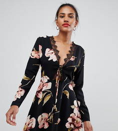 Короткое приталенное платье с кружевной отделкой и цветочным принтом Missguided - Черный