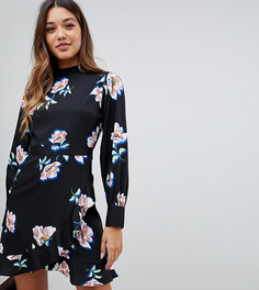 Платье мини с высоким воротником, цветочным принтом и оборкой Boohoo - Черный