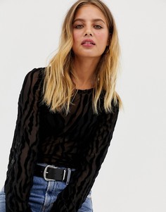Бархатный топ с длинными рукавами и выжженным узором Only Flikka - Черный