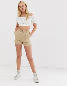Бежевые шорты с завышенной талией и поясом Pull&Bear - Бежевый