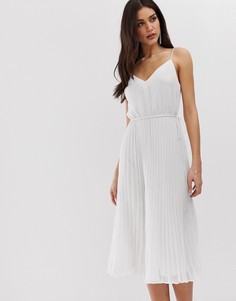 Плиссированное платье миди на бретельках со шнурком на талии ASOS DESIGN - Белый