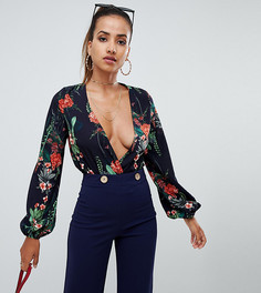 Боди с глубоким вырезом и принтом PrettyLittleThing - Темно-синий