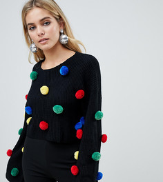 Черный джемпер в новогоднем стиле с помпонами PrettyLittleThing - Черный