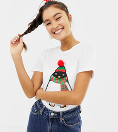 Белая футболка в новогоднем стиле с пингвином с искусственным мехом New Look - Белый