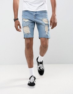 Синие выбеленные джинсовые шорты слим с рваной отделкой ASOS - Синий