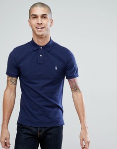Поло из пике темно-синего выбеленного цвета узкого кроя Polo Ralph Lauren - Темно-синий