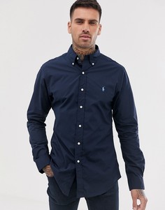 Темно-синяя приталенная рубашка из поплина с логотипом Polo Ralph Lauren - Темно-синий