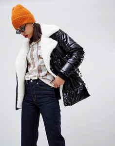 Блестящая дутая куртка с подкладкой из искусственного меха Current Air - Черный