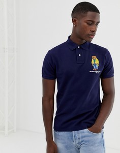 Темно-синее поло классического кроя из пике с вышитым медведем Polo Ralph Lauren - Темно-синий