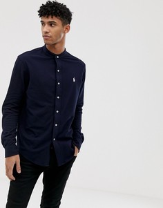Темно-синяя облегающая рубашка из пике с логотипом и воротником на пуговицах Polo Ralph Lauren - Темно-синий