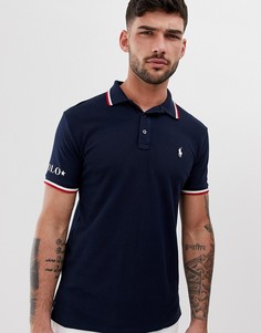 Темно-синее облегающее поло из пике с логотипом Polo Ralph Lauren - Темно-синий