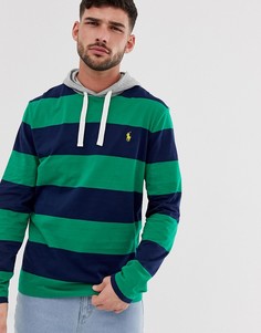 Сине-зеленый лонгслив в полоску с капюшоном и логотипом Polo Ralph Lauren - Зеленый