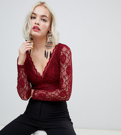 Бордовое кружевное боди с длинными рукавами New Look - Красный