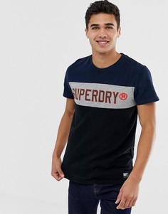 Темно-синяя футболка колор блок с аппликацией логотипа Superdry - Темно-синий