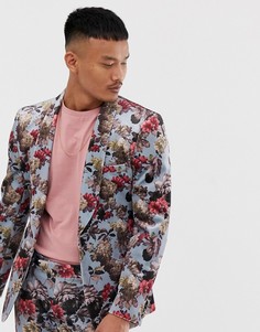 Голубой бархатный супероблегающий пиджак с цветочным принтом ASOS DESIGN - Синий