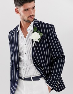 Темно-синий приталенный блейзер в полоску с золотистыми пуговицами ASOS DESIGN - Темно-синий
