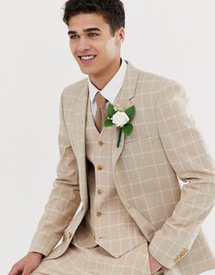 Бежевый приталенный пиджак в клетку с добавлением льна ASOS DESIGN - Бежевый
