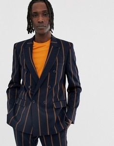 Темно-синий двубортный пиджак узкого кроя в широкую полоску ASOS DESIGN - Темно-синий