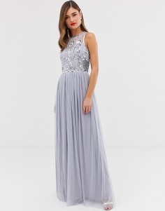 Платье макси с высоким воротом и атласным поясом Frock & Frill - Фиолетовый
