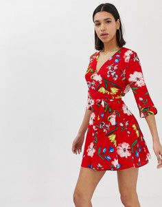 Платье с цветочным принтом и запахом AX Paris - Красный