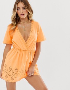 Неоново-персиковое выбеленное пляжное платье с вышивкой ришелье ASOS DESIGN - Желтый