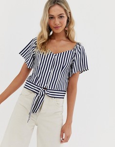 Темно-синий кроп-топ в полоску с завязкой спереди QED London - Темно-синий