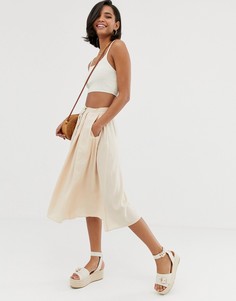 Струящаяся юбка миди с пуговицами и складками ASOS DESIGN - Светло-бежевый