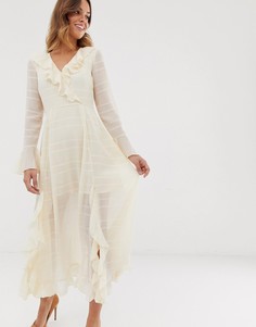 Платье макси в полоску с запахом и оборками ASOS DESIGN - Кремовый
