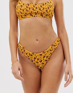 Присборенные плавки бикини с высоким вырезом и цветочным принтом River Island - Желтый