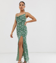 Эксклюзивное светло-зеленое платье макси со свободным воротом, разрезом и цветочным принтом Boohoo Petite - Зеленый