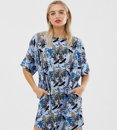 Голубое oversize-платье мини с принтом джунглей Monki - Синий