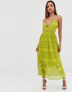 Желтое многоярусное платье миди с кружевом и бретельками Missguided - Мульти