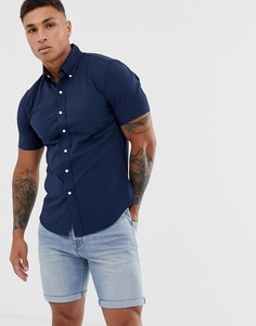 Темно-синяя приталенная рубашка из сирсакера с короткими рукавами и логотипом на кармане Polo Ralph Lauren - Темно-синий