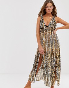 Пляжное платье макси с леопардовым принтом Influence - Мульти