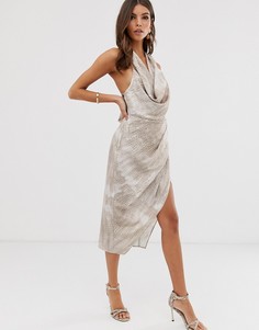Атласное платье миди с драпировкой и крокодиловым принтом ASOS DESIGN - Мульти