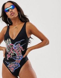 Черный слитный купальник с отделкой и глубоким вырезом на спине ASOS DESIGN - Мульти