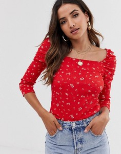 Красный топ с цветочным принтом, пышными рукавами и квадратным вырезом River Island - Красный