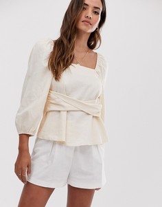 Льняной топ с квадратным вырезом и длинными объемными рукавами ASOS DESIGN - Синий