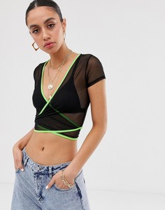 Сетчатый топ с запахом и неоново-зеленой отделкой ASOS DESIGN - Черный