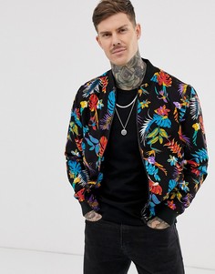 Черный бомбер с цветочным принтом Bershka - Черный