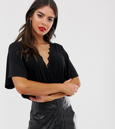 Боди с запахом, кружевной отделкой и расклешенными рукавами ASOS DESIGN Tall - Черный