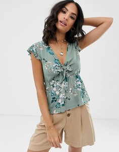 Топ с цветочным принтом и завязкой Vila - Синий