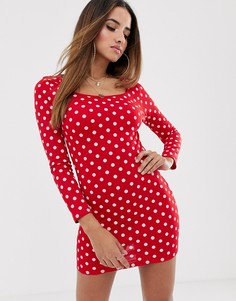 Платье в горошек с овальным вырезом и длинными рукавами In The Style - Мульти
