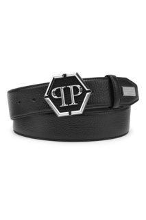 Черный ремень с серебристой пряжкой Philipp Plein