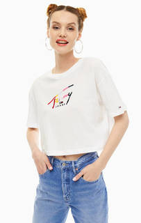 Белая хлопковая футболка с вышивкой и принтом Tommy Jeans